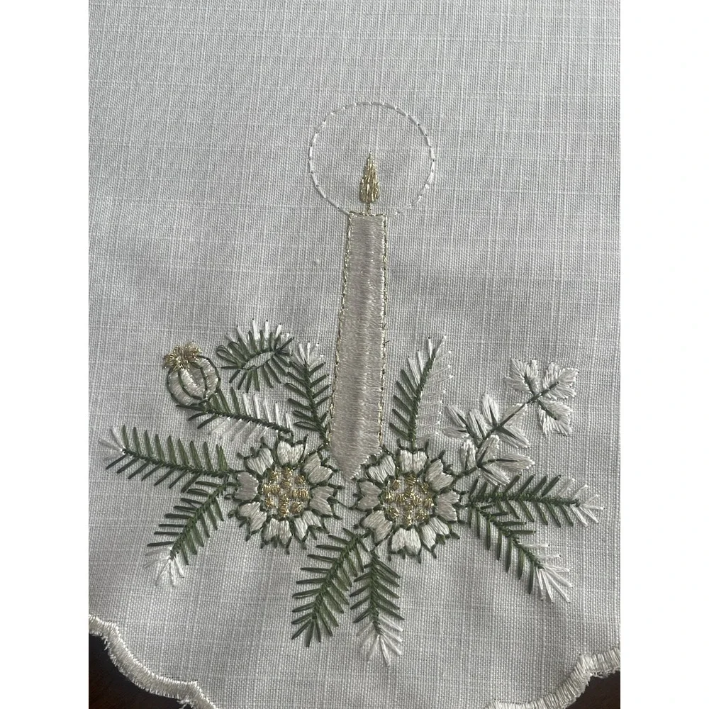 Vintage Christmas Embroidered Dresser Scarf 18x8 Candle Evergreen Floral Linen